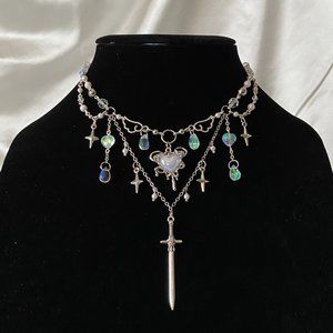 🕊️🗡️ juliet heart sword pendant glass crystal droplet choker necklace 🗡️🕊️